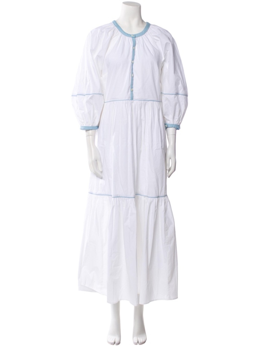 STAUD White Maxi Dress with Light Blue Trim